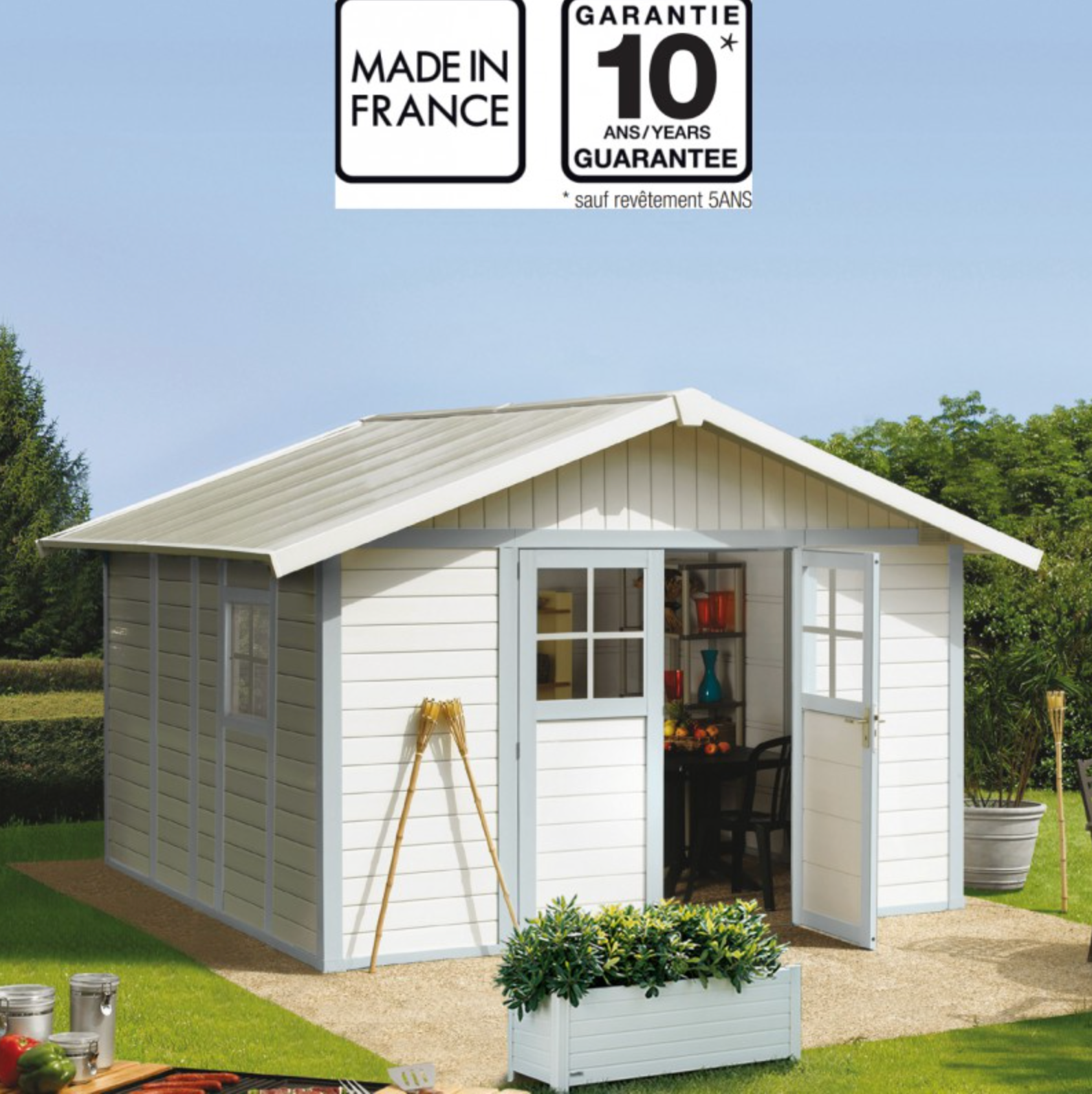Abri de jardin en PVC 11,2m² DECO blanc et gris bleu