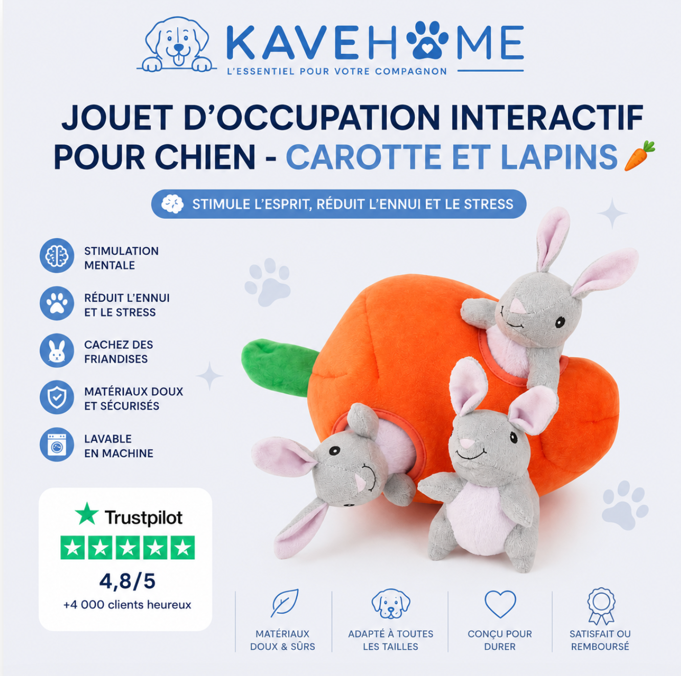 JOUET D’OCCUPATION INTERACTIF POUR CHIEN - CAROTTE ET LAPINS